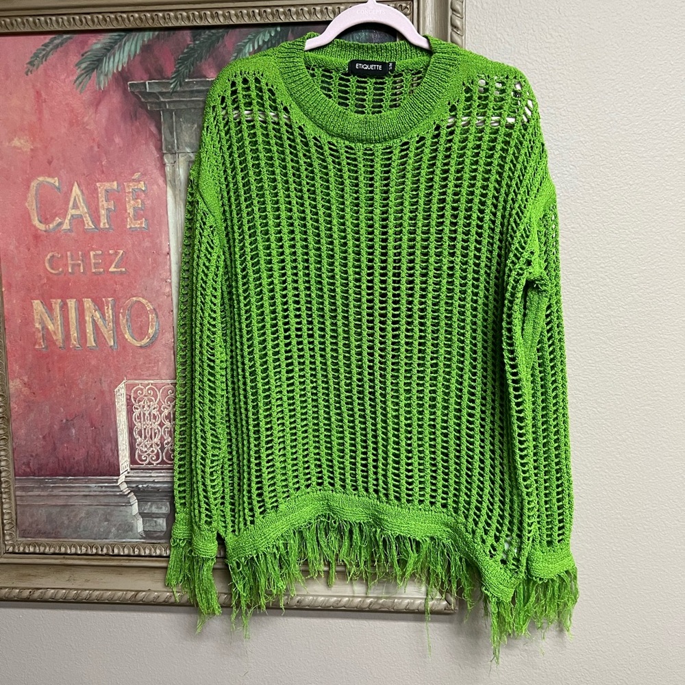 🚢 Etiquette Boutique Fringe Detail Lime Green Crocheted Cover-Up S/M